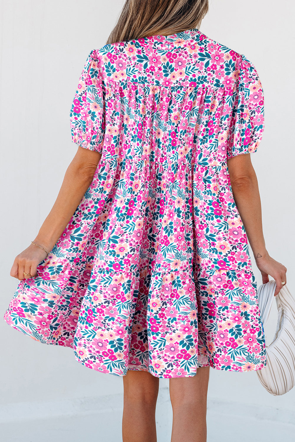 Pink Floral Collared Half Placket Short Sleeve Loose Dress eAura