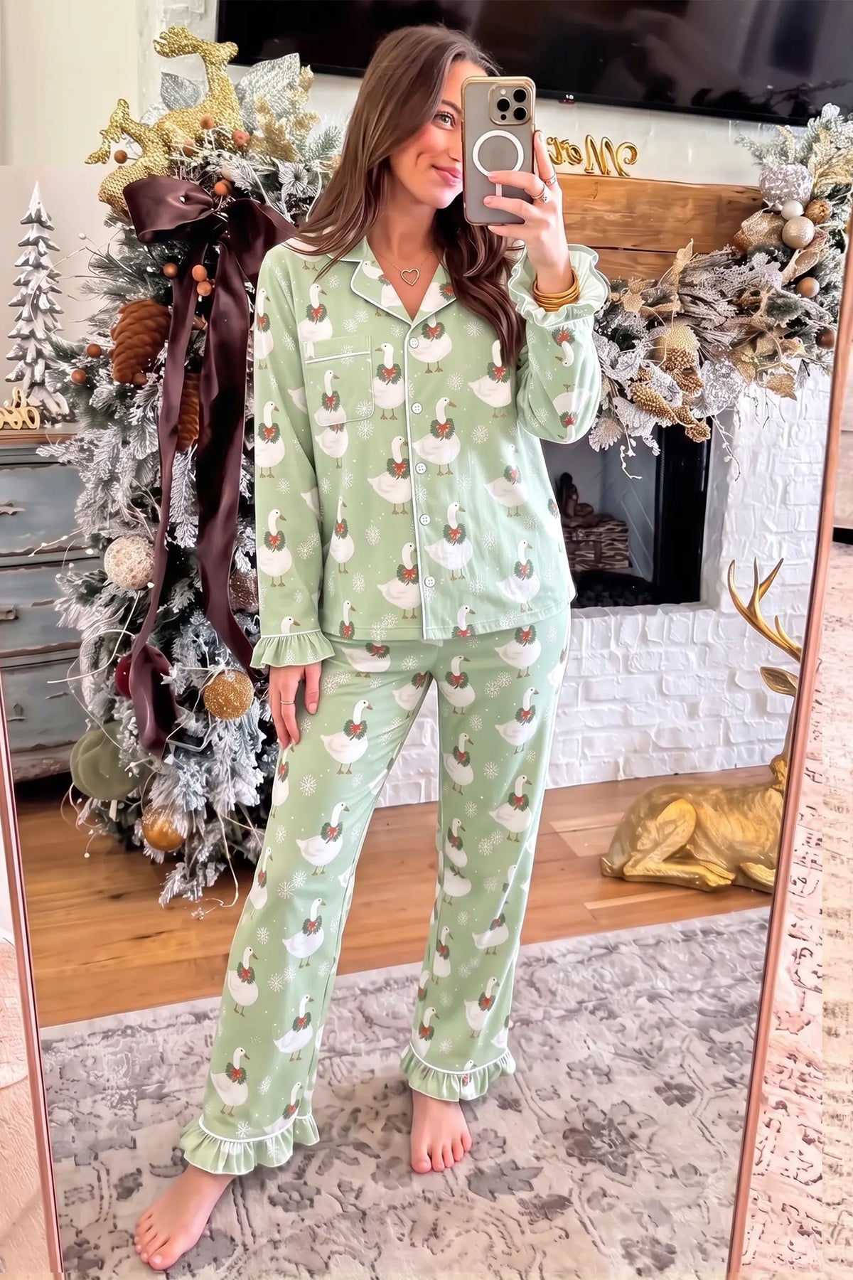 Shirt-Style Pajama Set Goose Snowflake Print with Ruffle Trim