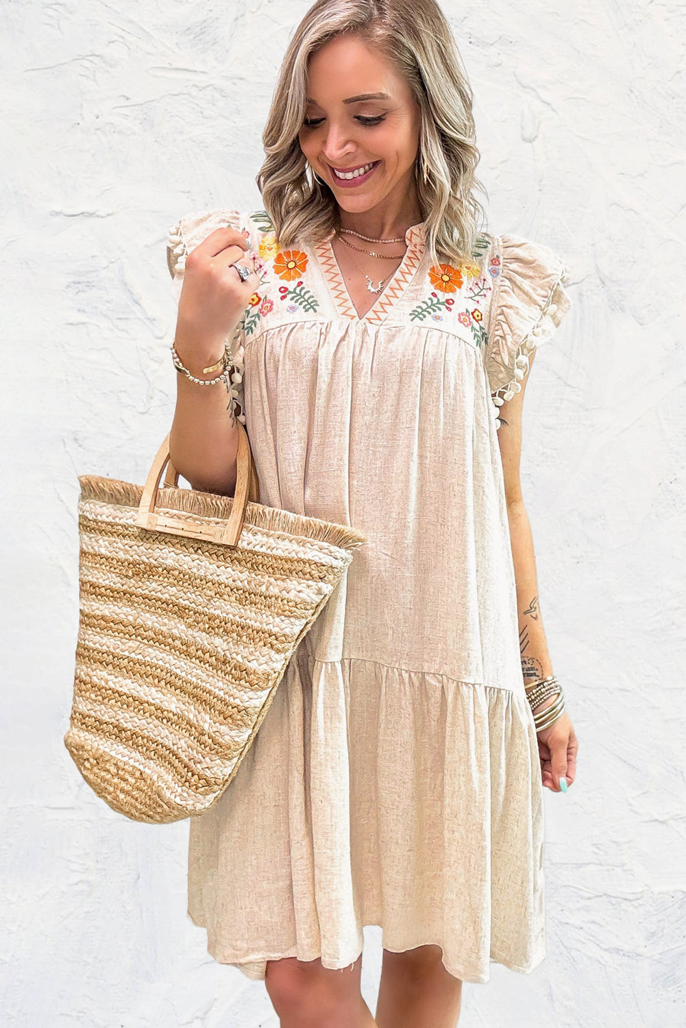Jet Stream Linen Embroidery Split Neck Pom Pom Ruffle Sleeves Flowy Short Dress eAura