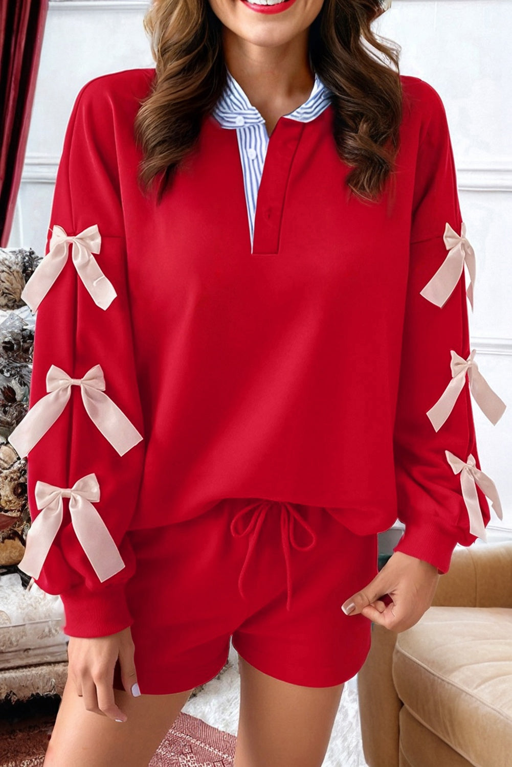Striped Collar Bow Sweatshirt and Shorts Co-ord Set - eAura
