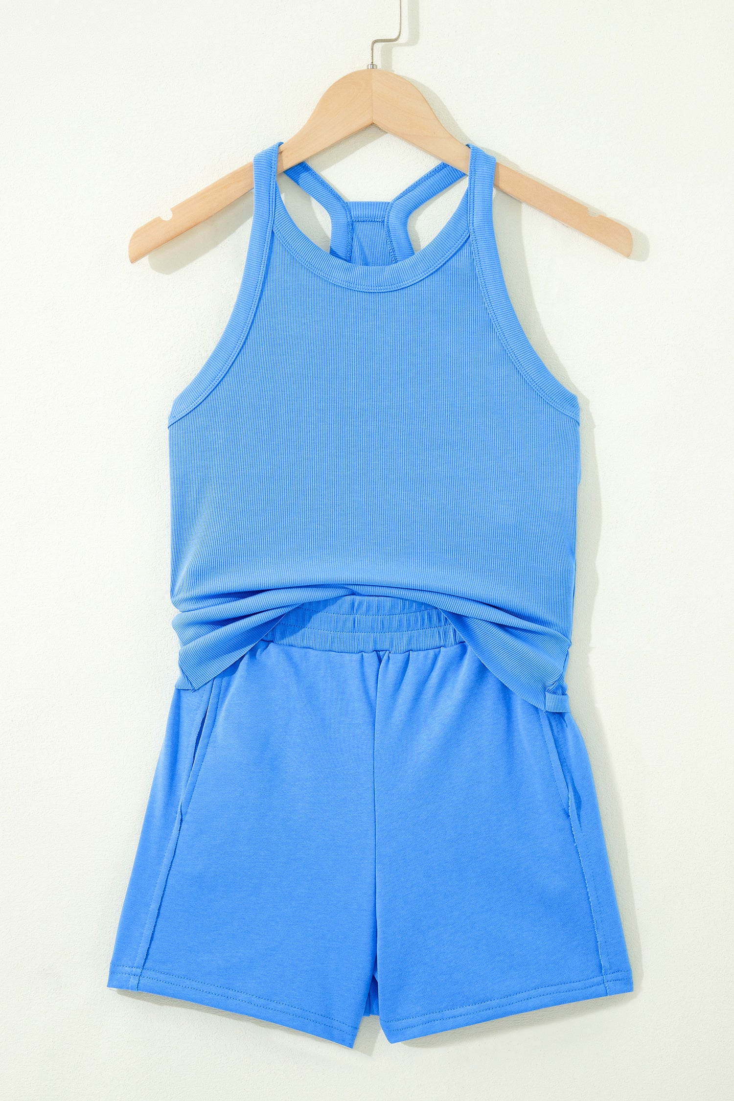 Sky Blue Slim Tank Top Elastic High Waist Shorts 2pcs Outfit – Light Blue