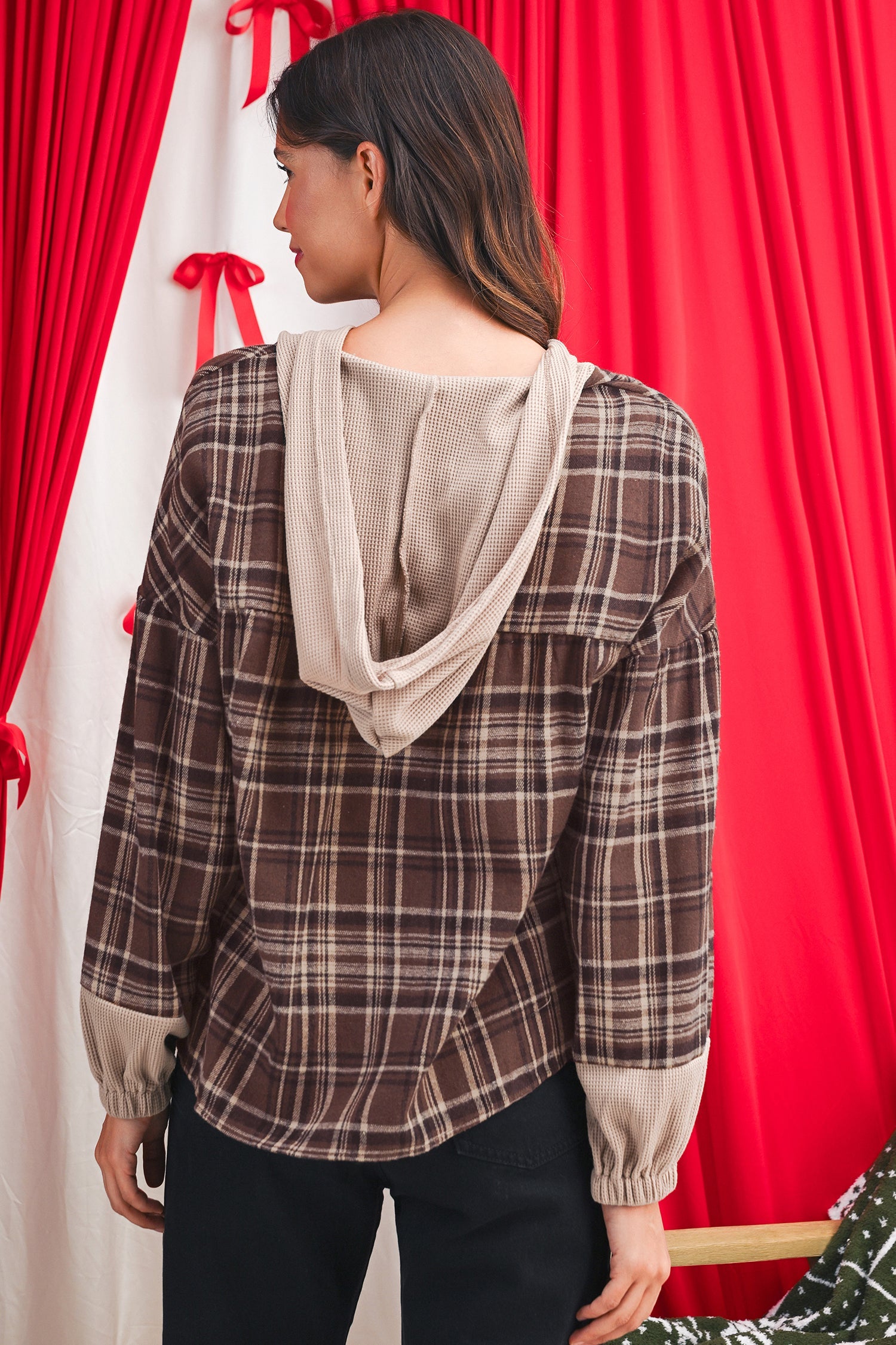 Plaid Long Sleeve Button Hoodie - eAura