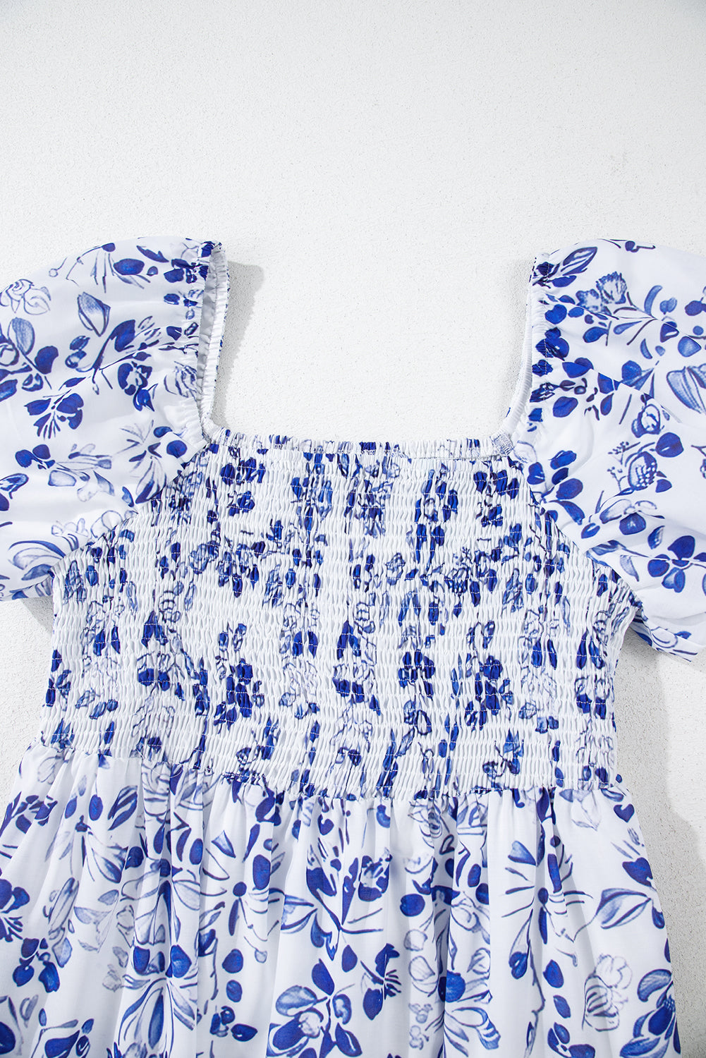 Sky Blue Floral Print Square Neck Bubble Sleeve High Waist Maxi Dress eAura