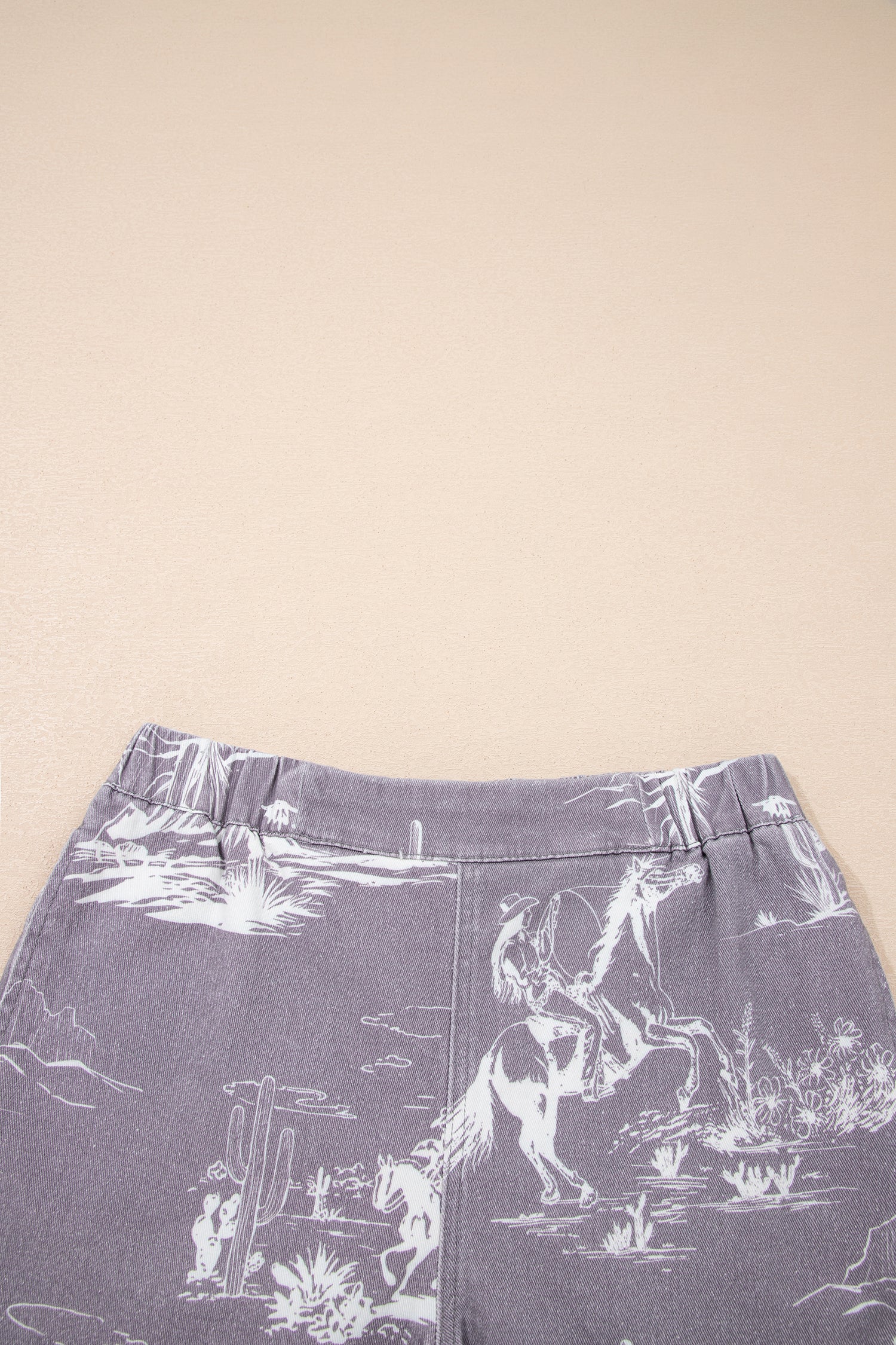 Western Print Elastic Waist Cotton Denim Shorts