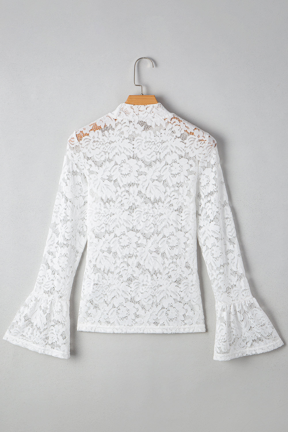 White Lace Crochet Bell Sleeve Mock Neck Blouse - eAura