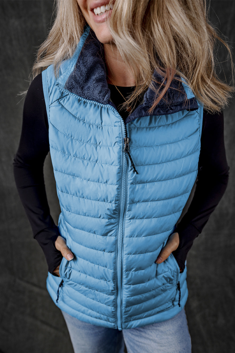 Sky Blue Plush Collared Quilted Zipped Puffer Vest - eAura