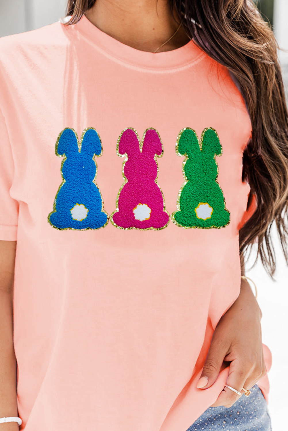Pink Easter Bunny Chenille Patched Graphic Tee eAura