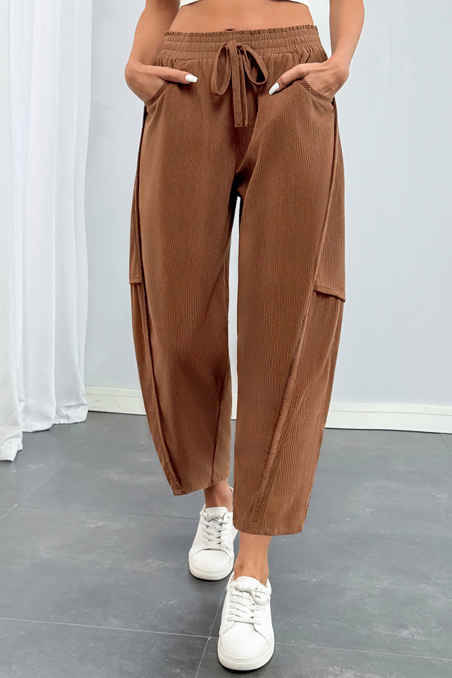 Coffee Corduroy Elastic Waist Drawstring Cargo Pants – Brown
