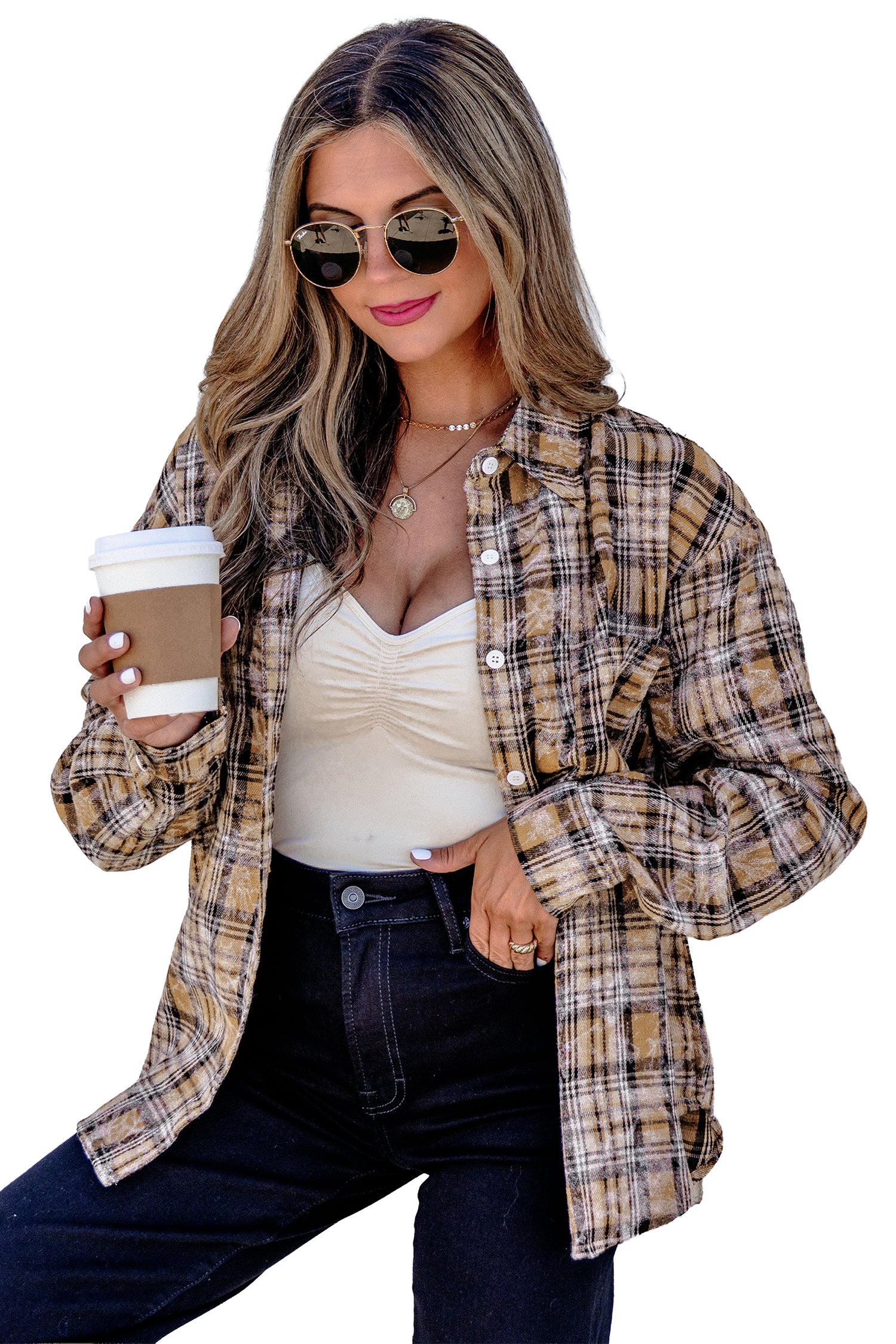 Retro Plaid Long Sleeve Button Down Shirt – Brown