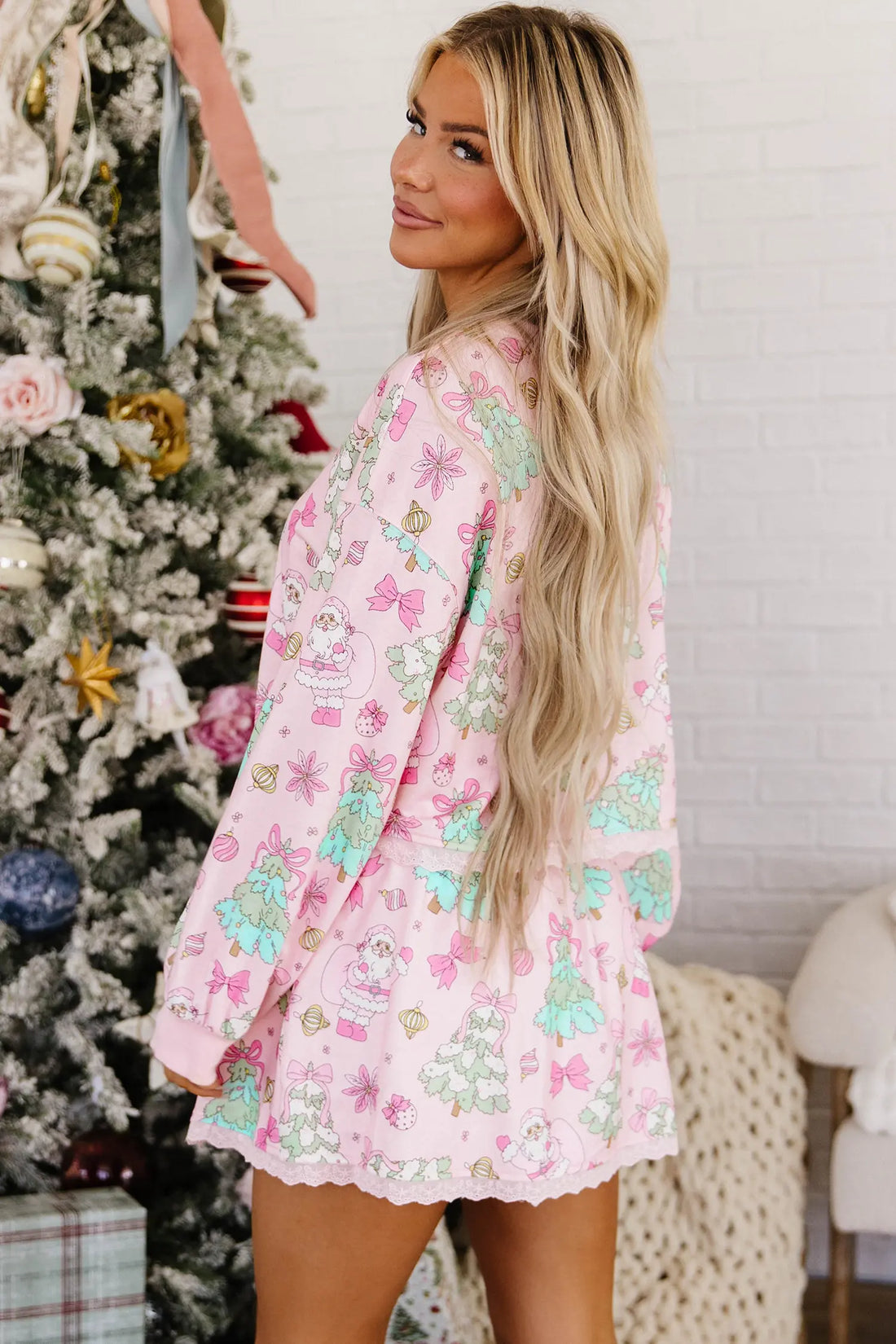 Christmas Theme Print Long Sleeve Pullover Flowy Skort 2pcs Set