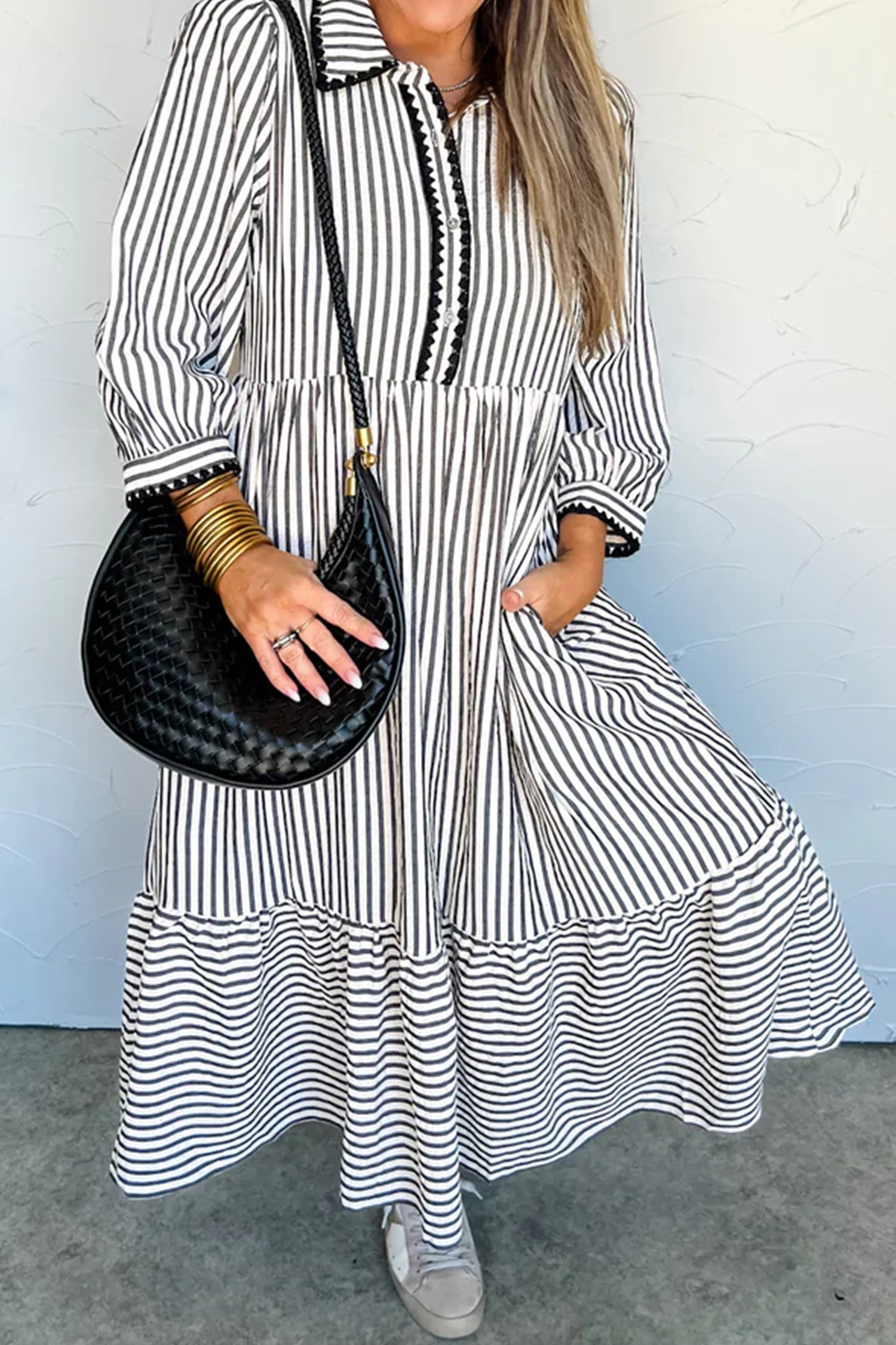 Stripe Scallop Trim Shirt Collar 3/4 Sleeve Maxi Dress - Dresses/Maxi Dresses