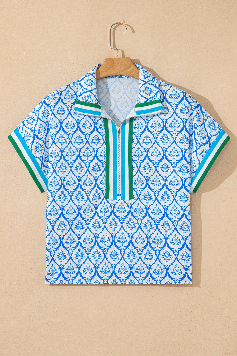 Western Print Zipped Collar Short Sleeve Blouse Top - eAura