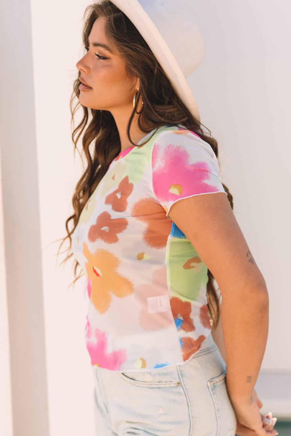 Multicolour Floral Mesh Lettuce Trim Cropped T Shirt eAura