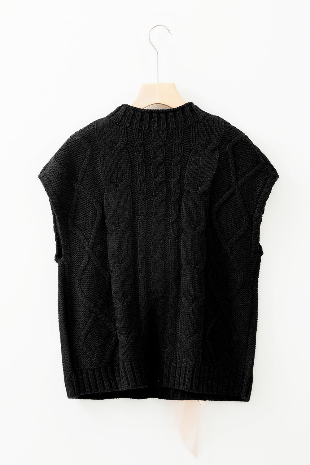 Black Cable Knit Colourblock Satin Bowknot Short Sleeve Sweater eAura