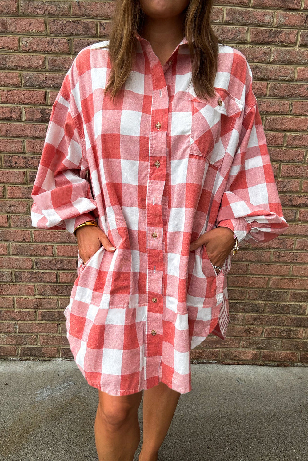 Pink Oversized Plaid Puff Sleeve Round Hem Shirt Dress eAura