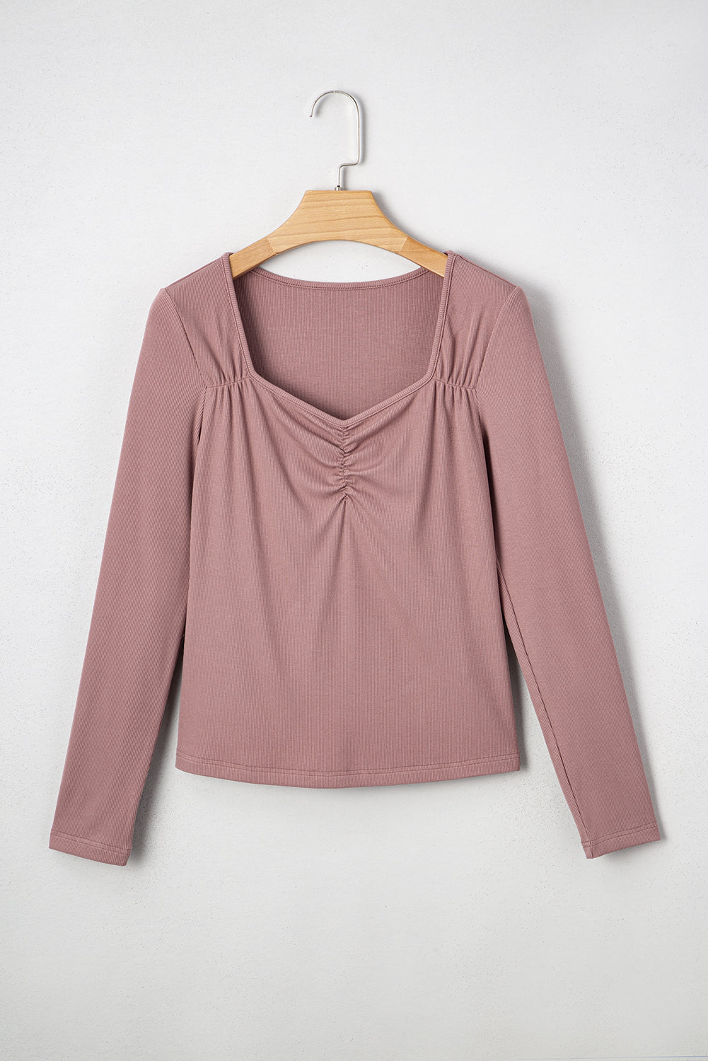 Gathered Bust Square Neck Ribbed Fit Long Sleeve Top - eAura