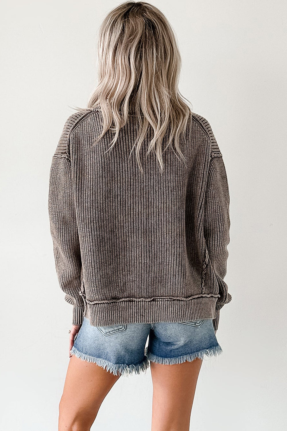 Mineral Wash Exposed Seam Patchwork Knit Open Cardigan