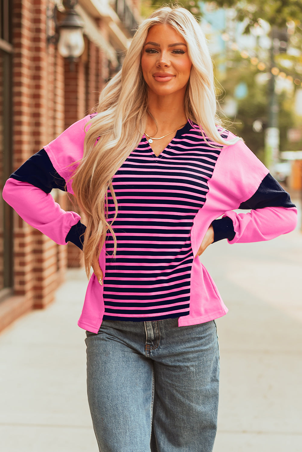 Pink Stripe V-Neck Loose Fit Long Sleeve Top - eAura