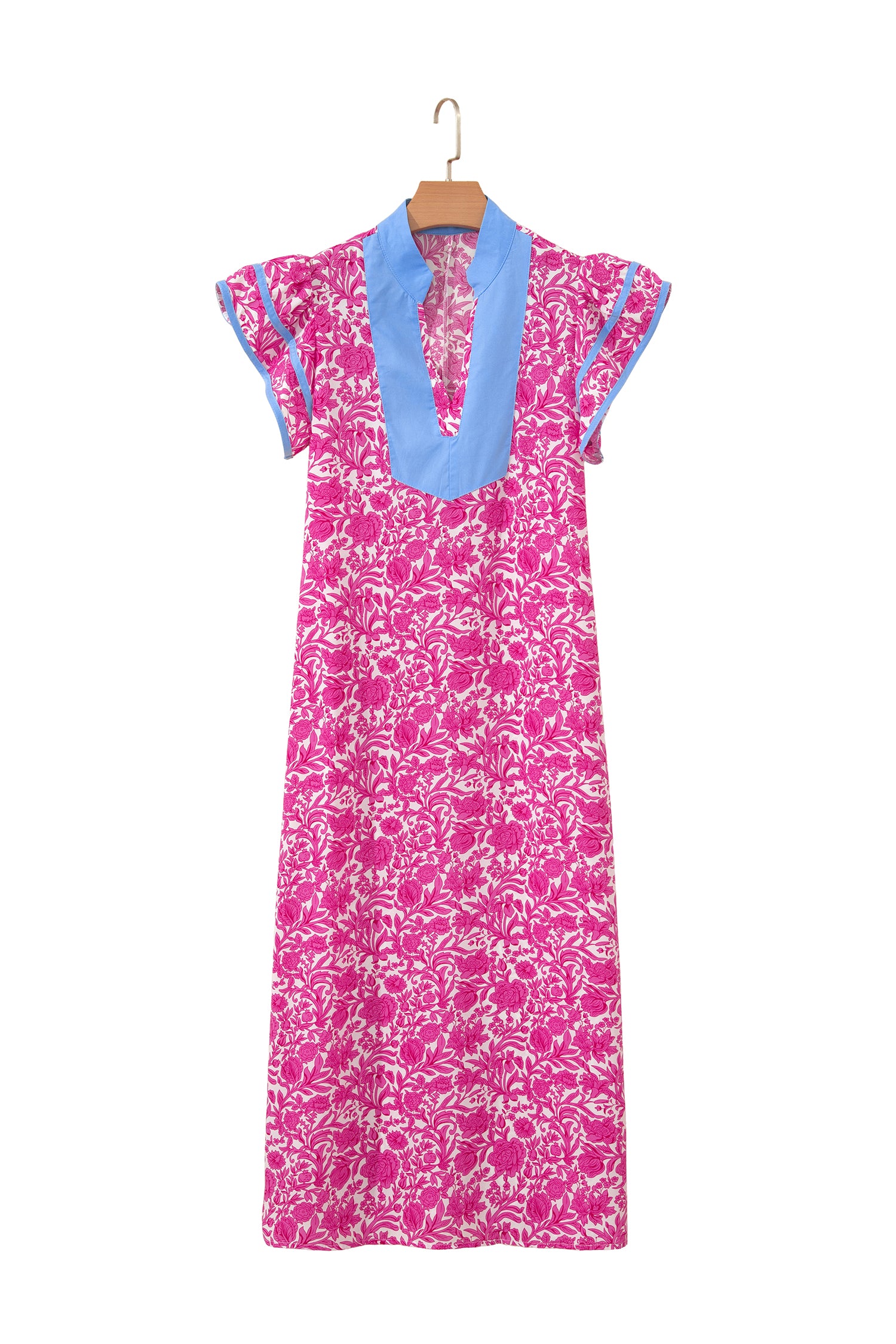 Floral Print Colour Block Patchwork V-Neck Short Sleeve Midi Dress