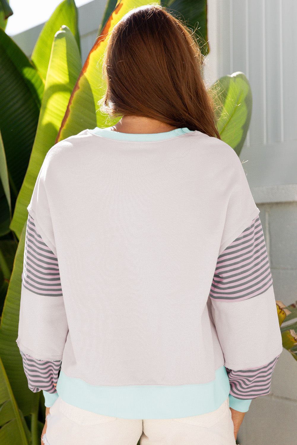 Striped Patchwork Drop Shoulder Sweatshirt - eAura