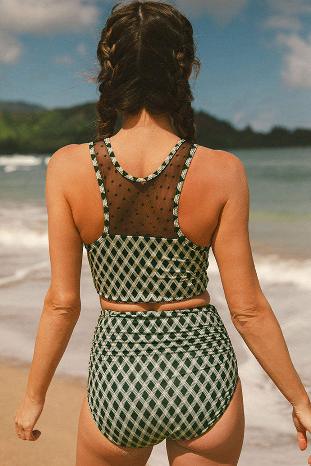 Green Dotted Mesh Plaid Patchwork High Waisted Bikini eAura