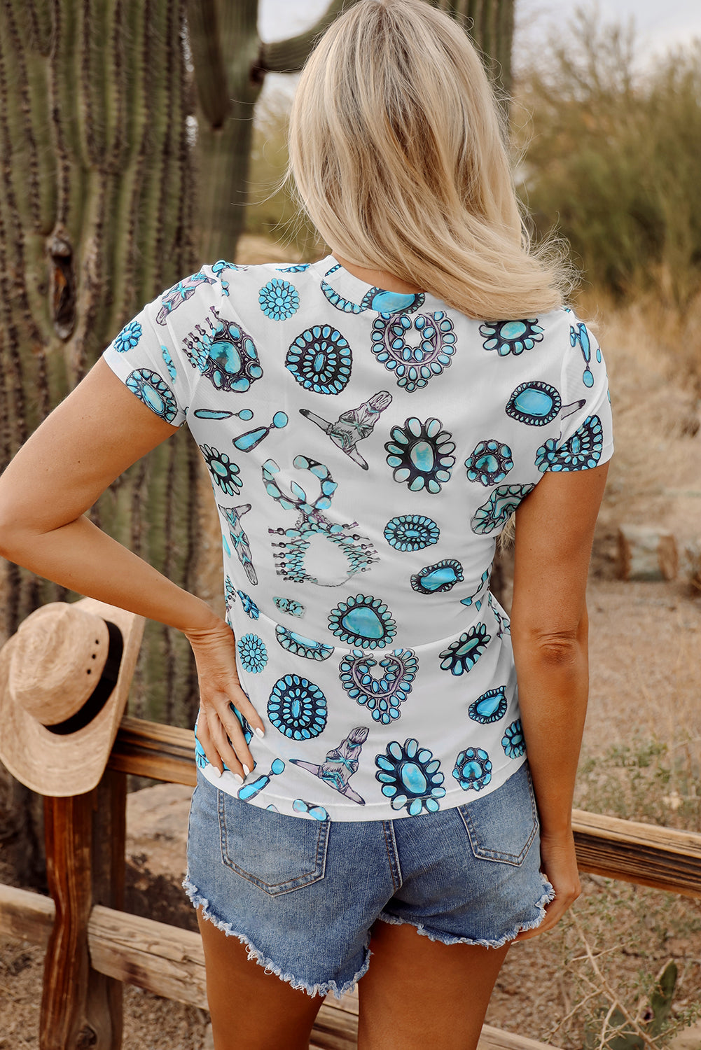 Sky Blue Western Turquoise Printed Crewneck Slim Fit Tee eAura