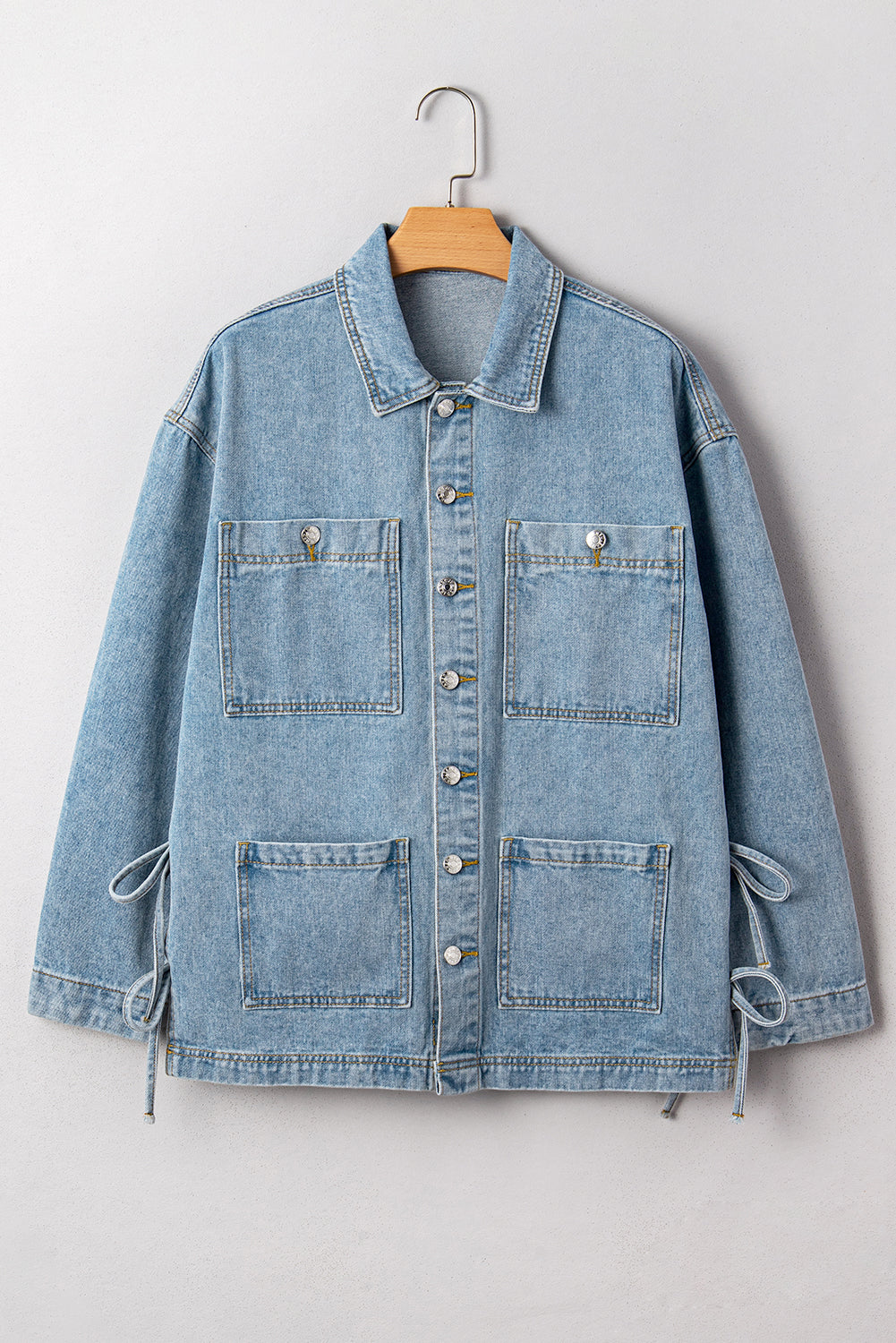 Beau Blue Multi Patched Pockets Side Tie up Boyfriend Style Denim Jacket eAura