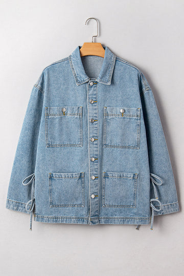 Beau Blue Multi Patched Pockets Side Tie up Boyfriend Style Denim Jacket eAura