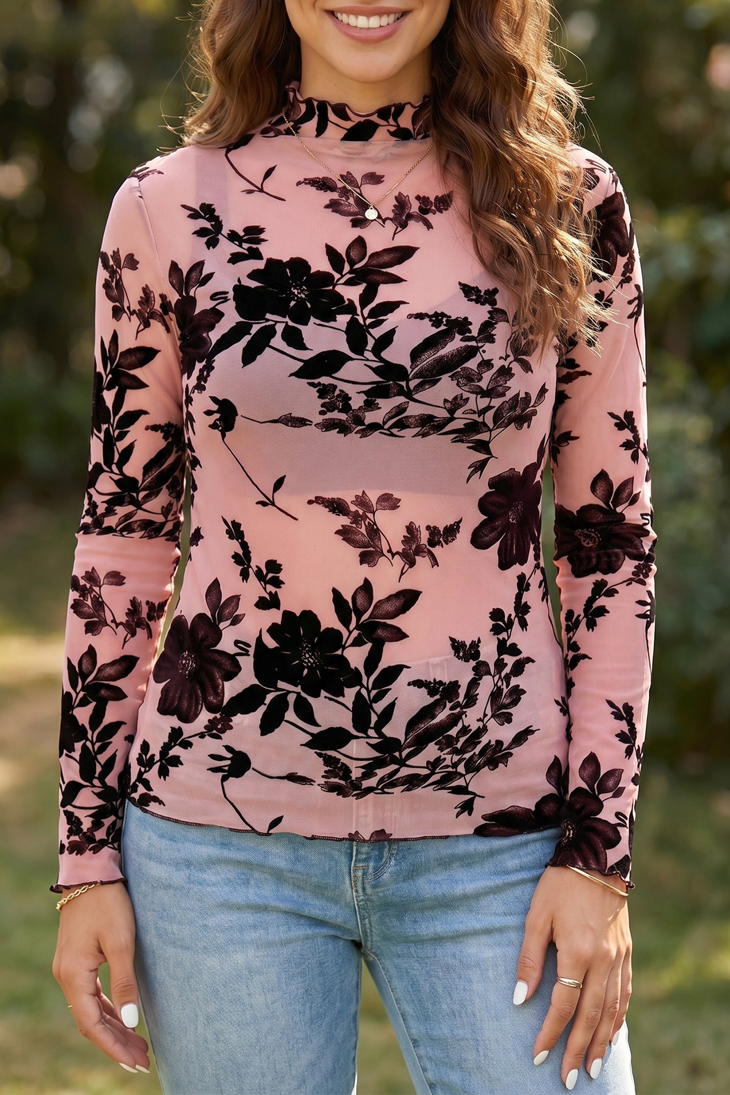 Gossamer Pink Retro Floral Print Mesh Long Sleeve Pullover Blouse – Light Pink