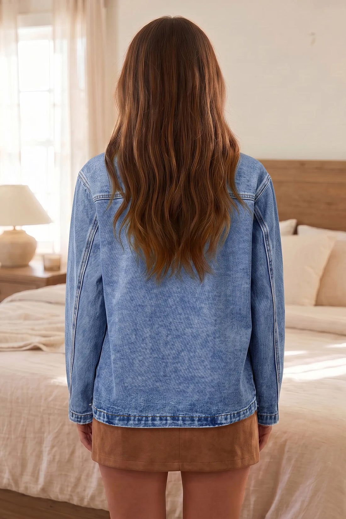 Sky Blue Patchwork Leather Collar Long Sleeve Denim Jacket – Light Blue