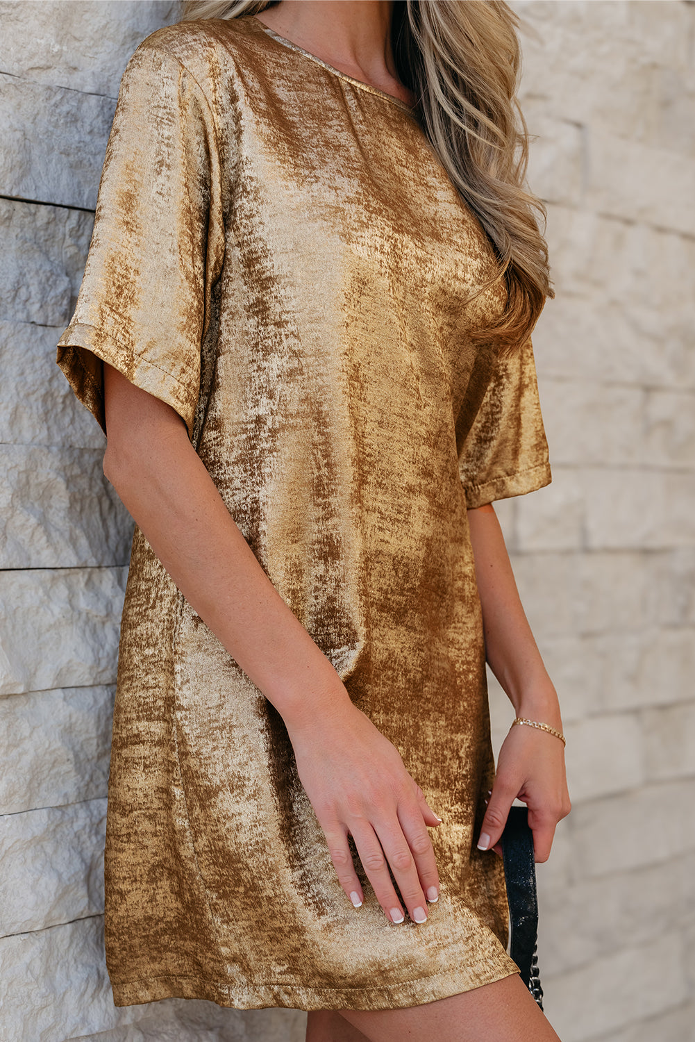 Gold Metallic Luster Crewneck Mini T-Shirt Dress eAura
