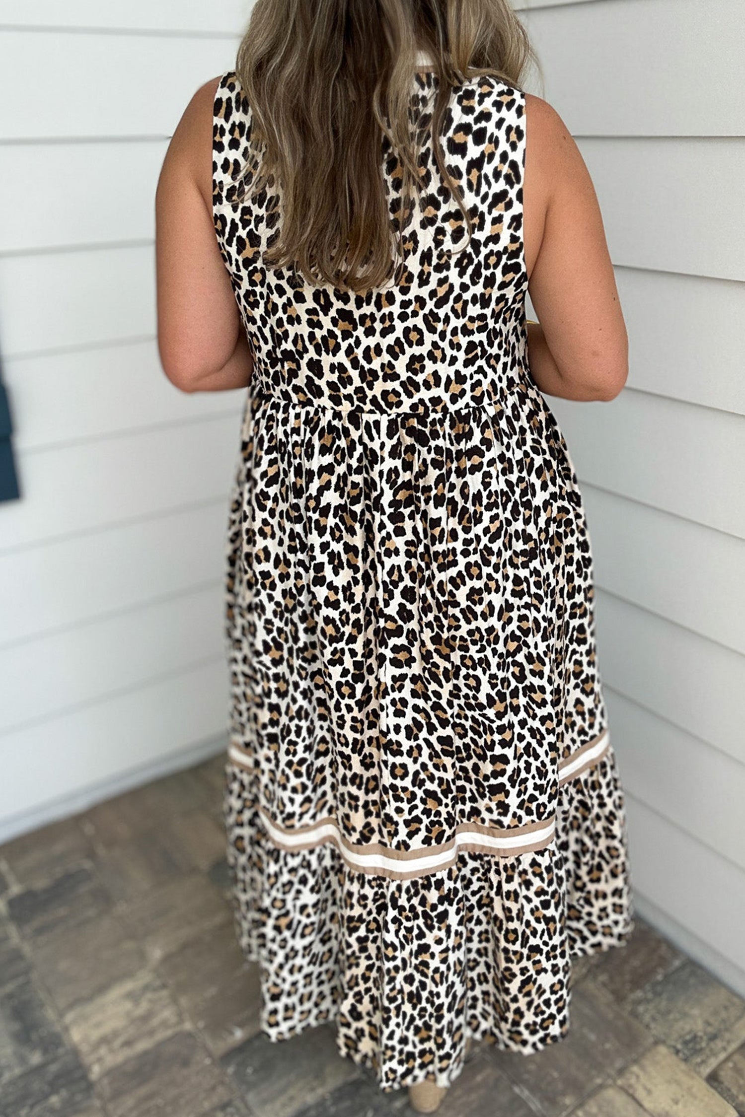 Leopard Print Colorblock Trim Sleeveless Midi Dress – White