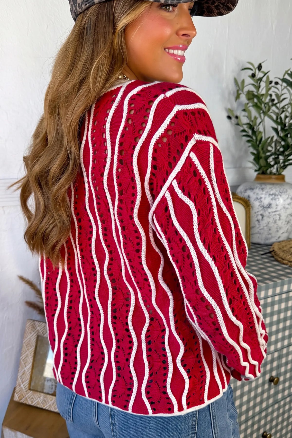 Knit Cotton Pullover Sweater with Wavy Eyelet Detail