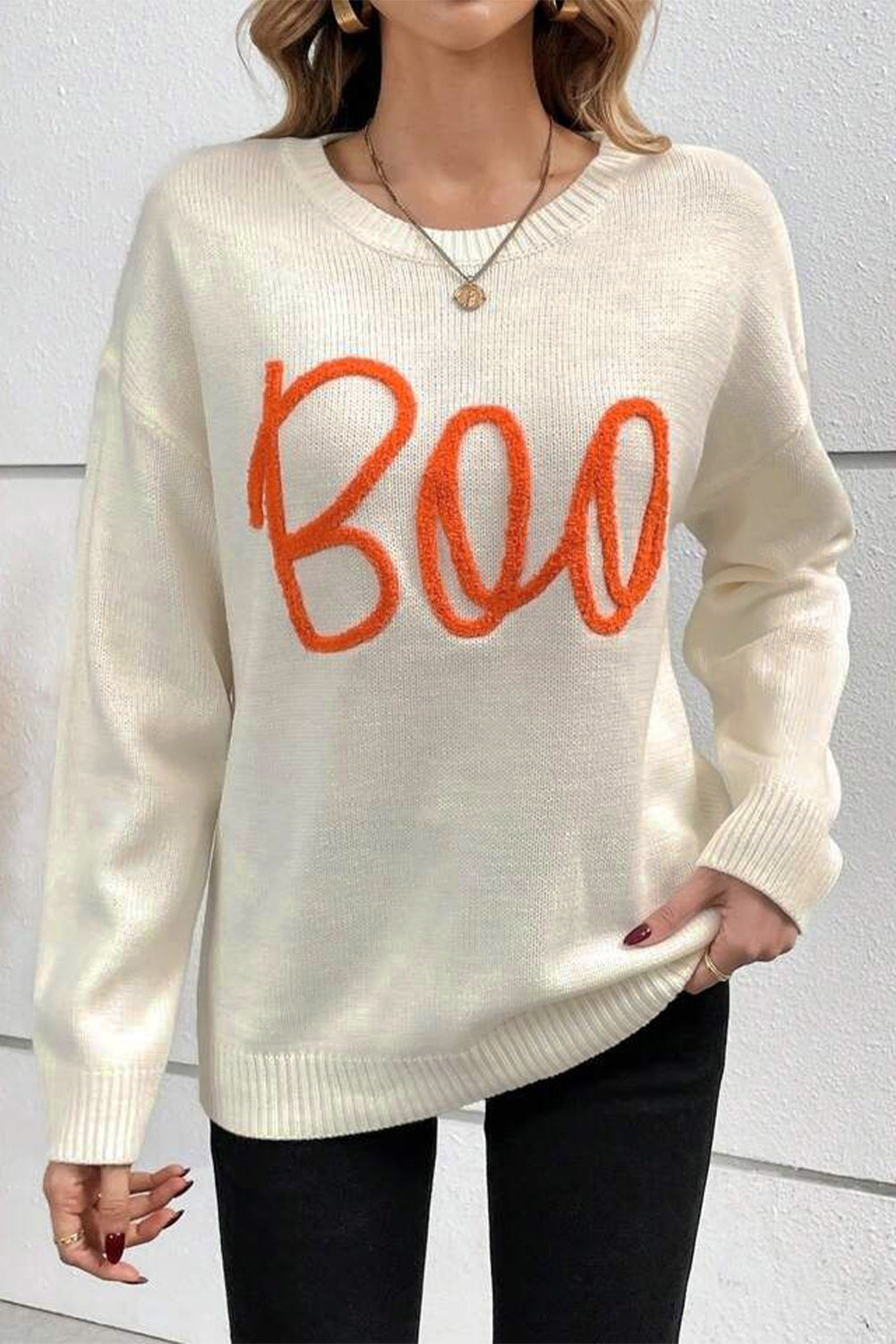 Black Boo Knitted Pattern Ribbed Edge Drop Shoulder Sweater eAura