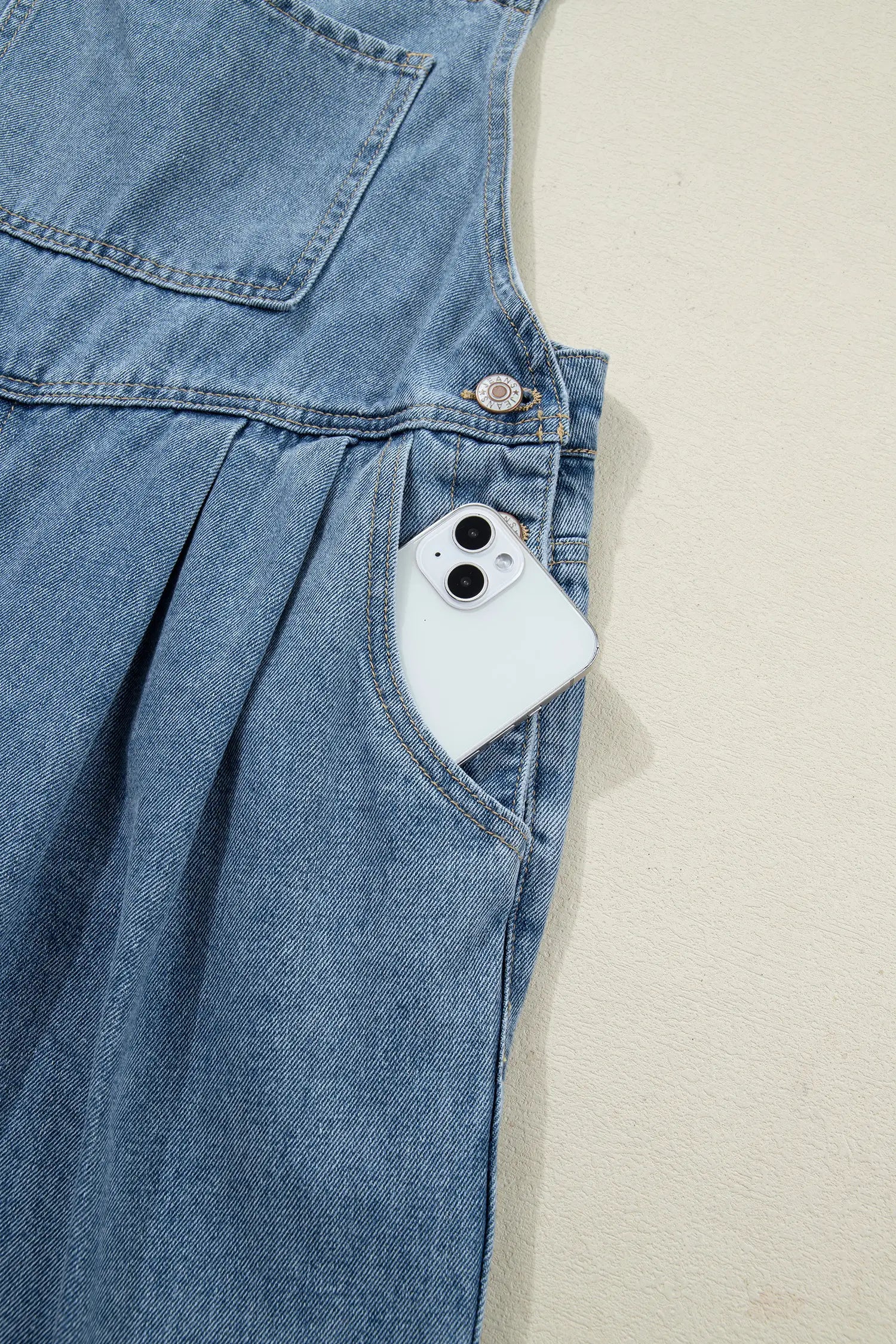 Dusk Blue Pleated Wide Leg Retro Pocketed Denim Jumpsuit