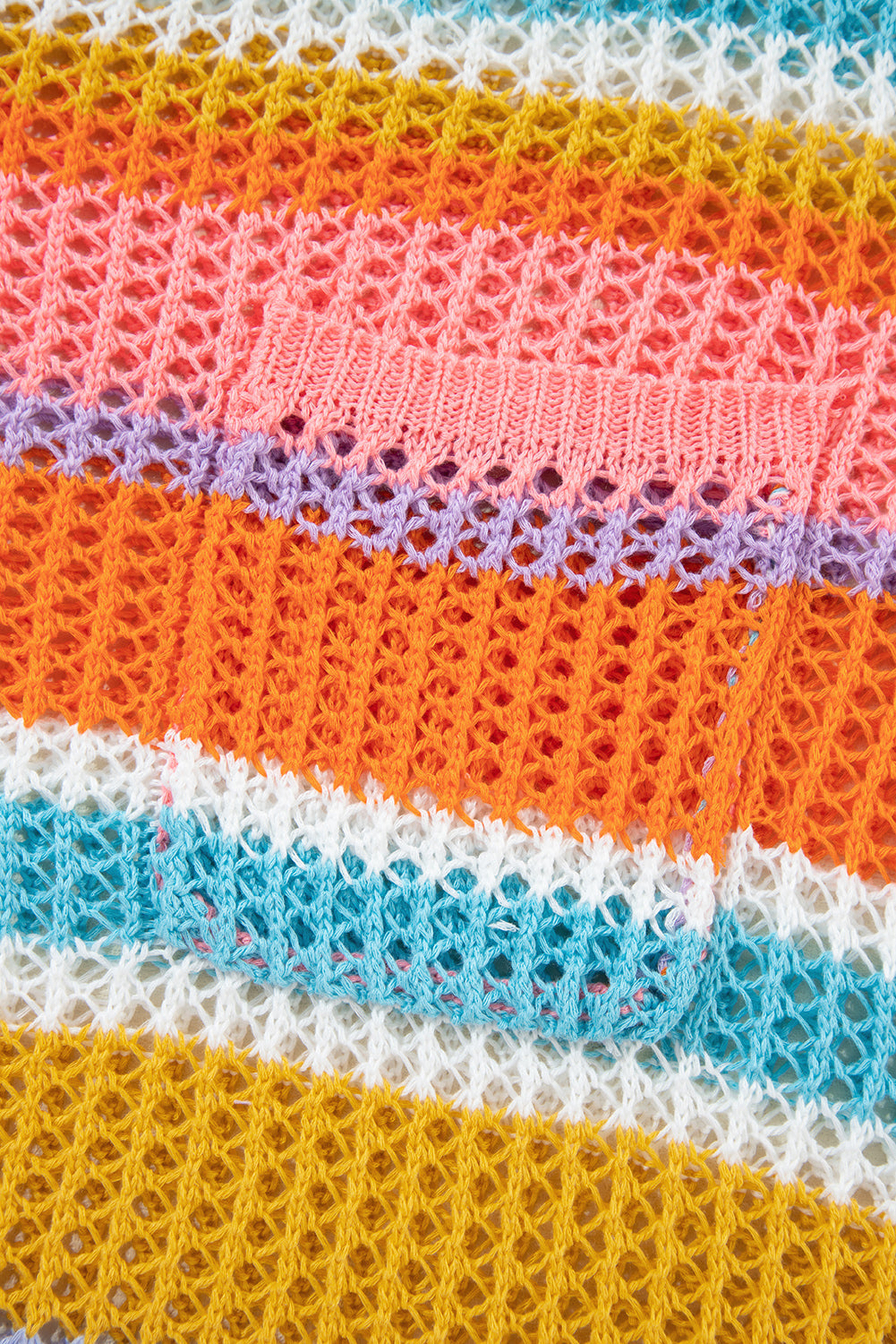 Pink Stripe Colourblock Hollowed Crochet 3/4 Sleeve Sweater eAura