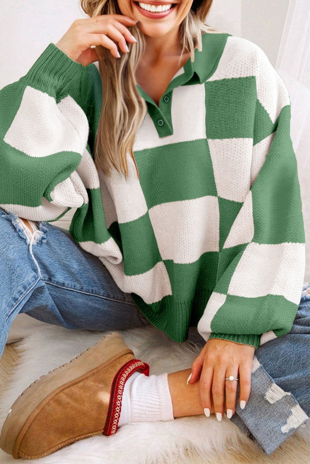 Checkered Pattern Polo Collar Loose Sweater Dear-Lover Dropshipping