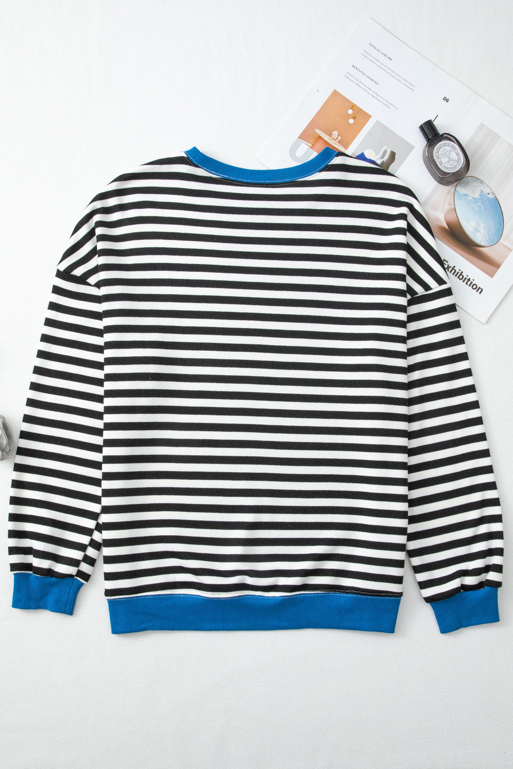 Striped Contrast Ribbed Trim Crossed Stitch Drop Shoulder Sweatshirt - eAura