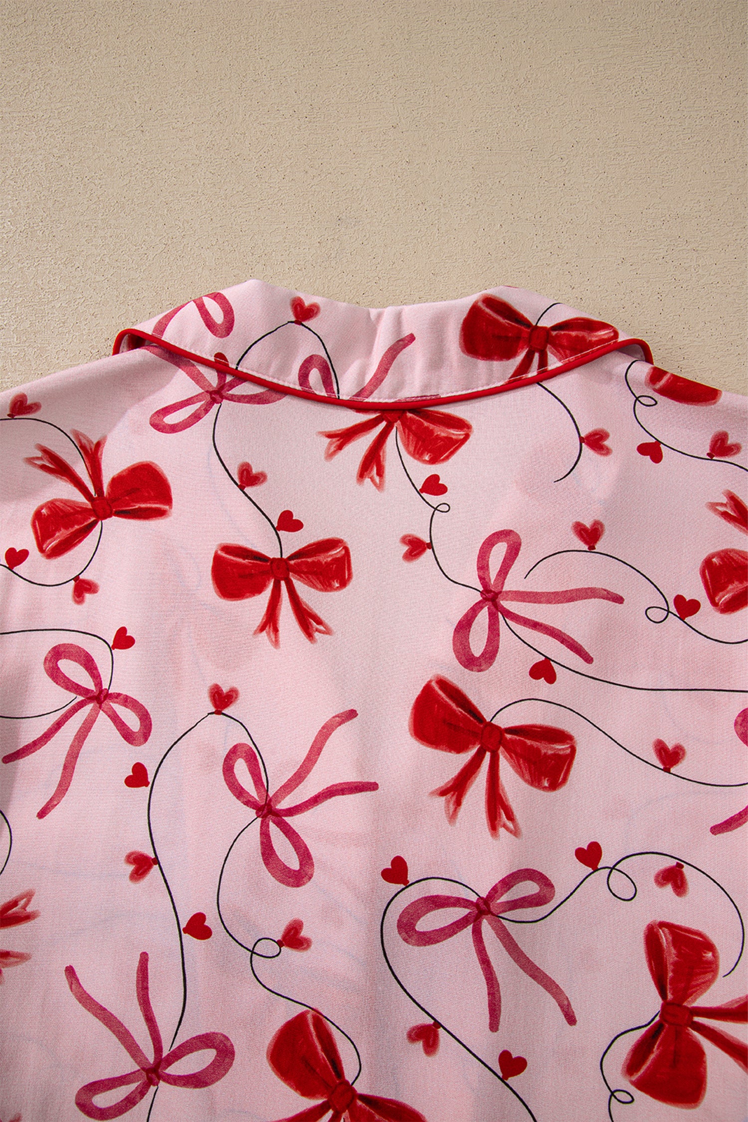 Bow Print Valentine Long Sleeve Shirt Shorts 2 Pcs Pajama Set – Red