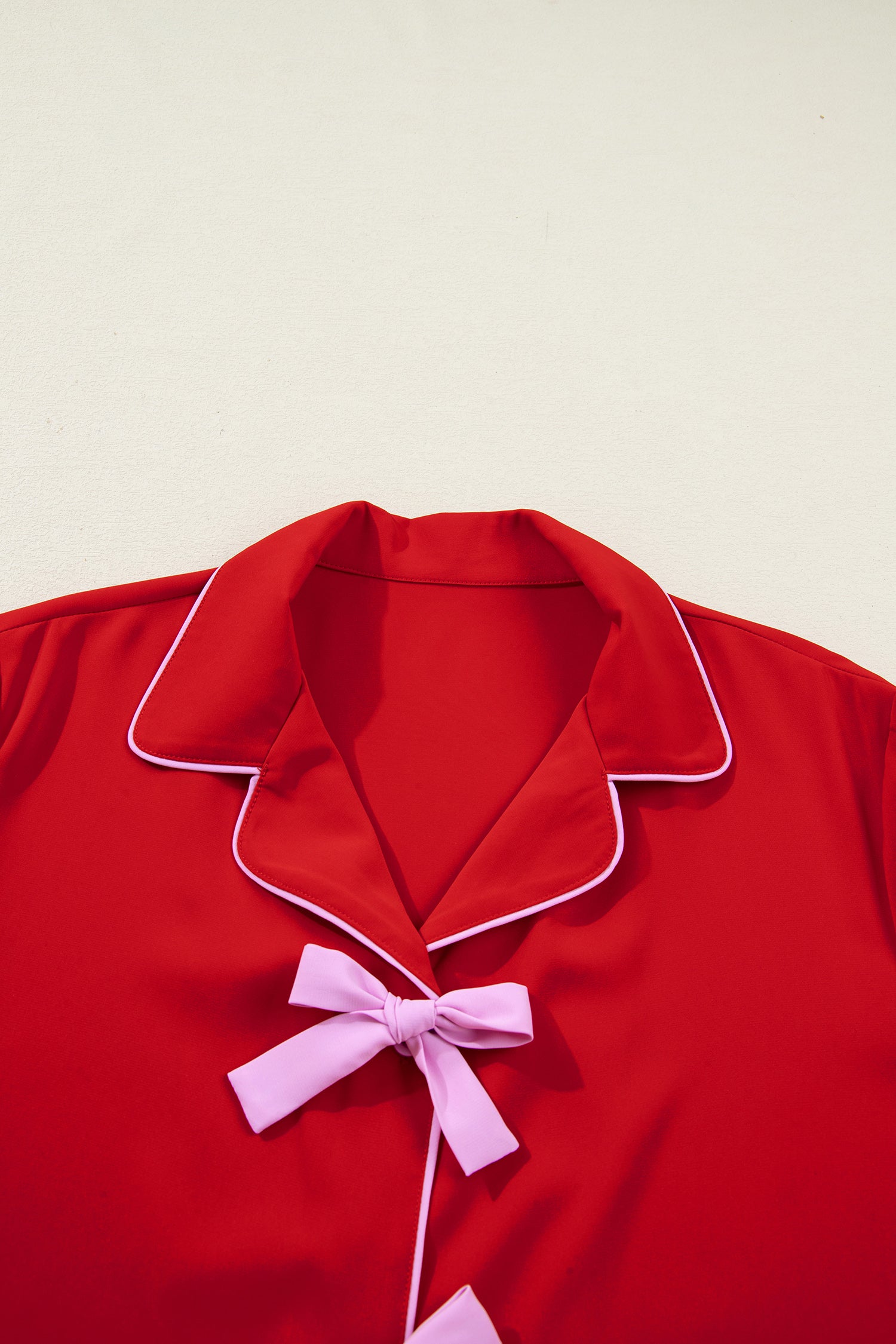 Contrast Trim Ribbon Bow Short Silky 2pcs Pajama Set – Fiery Red