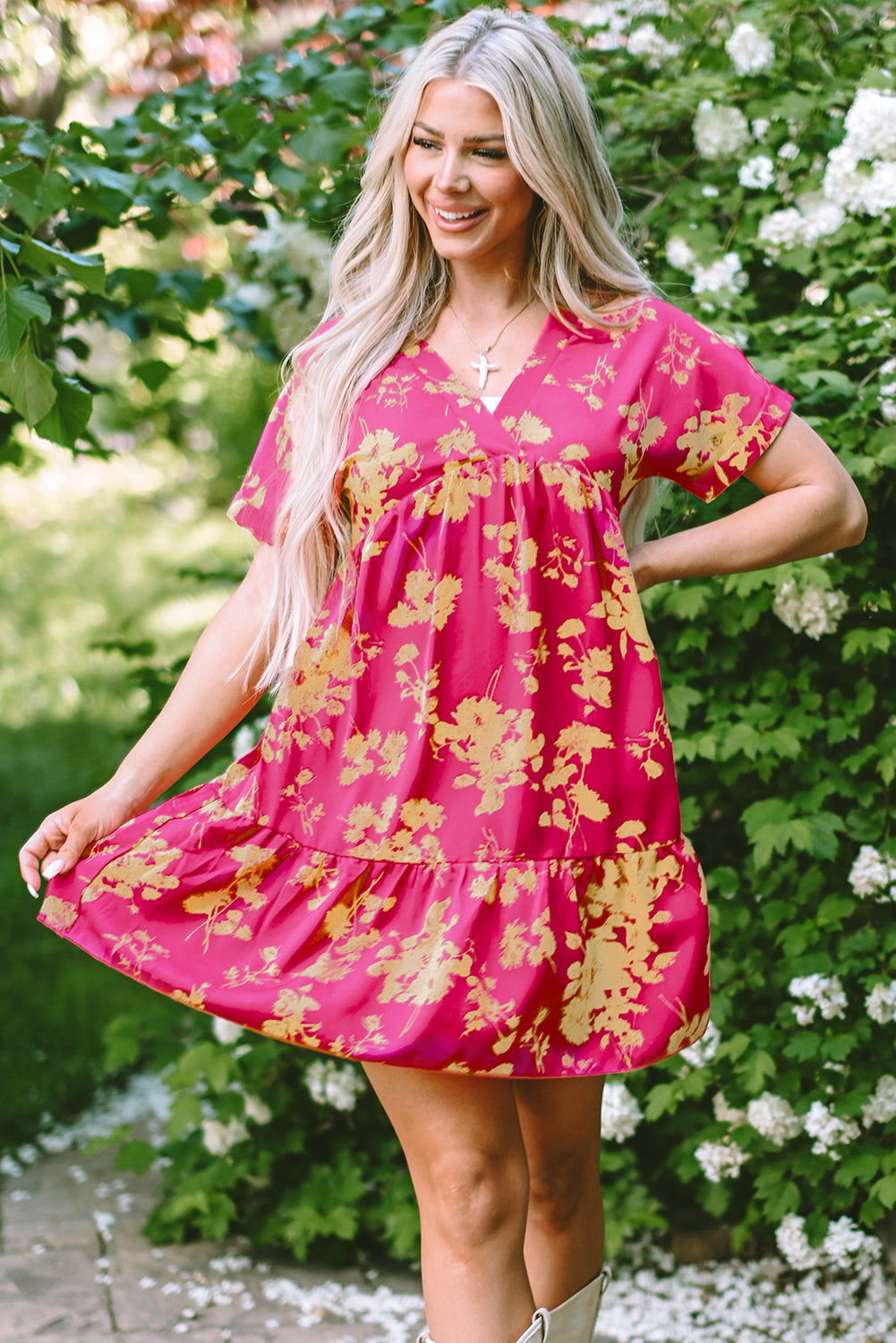 Rose Floral Print Batwing Sleeve Smock Dress eAura