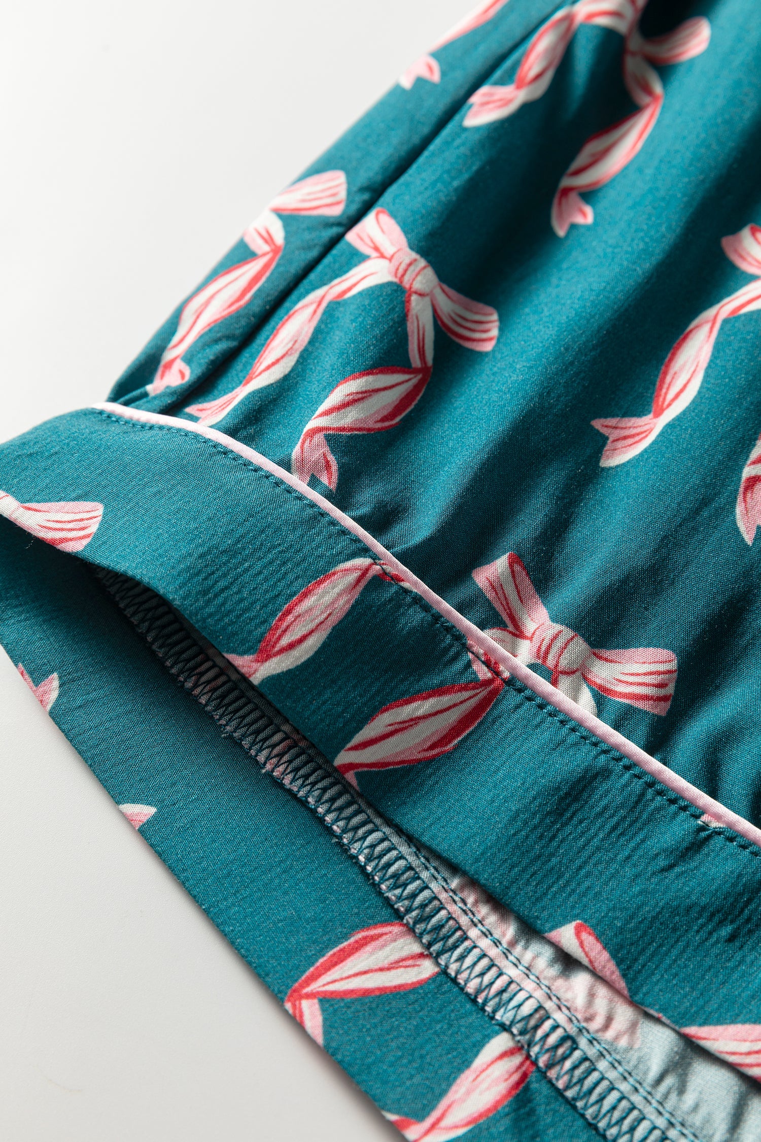 Green Ribbon Bow Print Long Sleeve Shirt and Shorts Pyjama Set - Loungewear & Sleepwear/Sleepwear