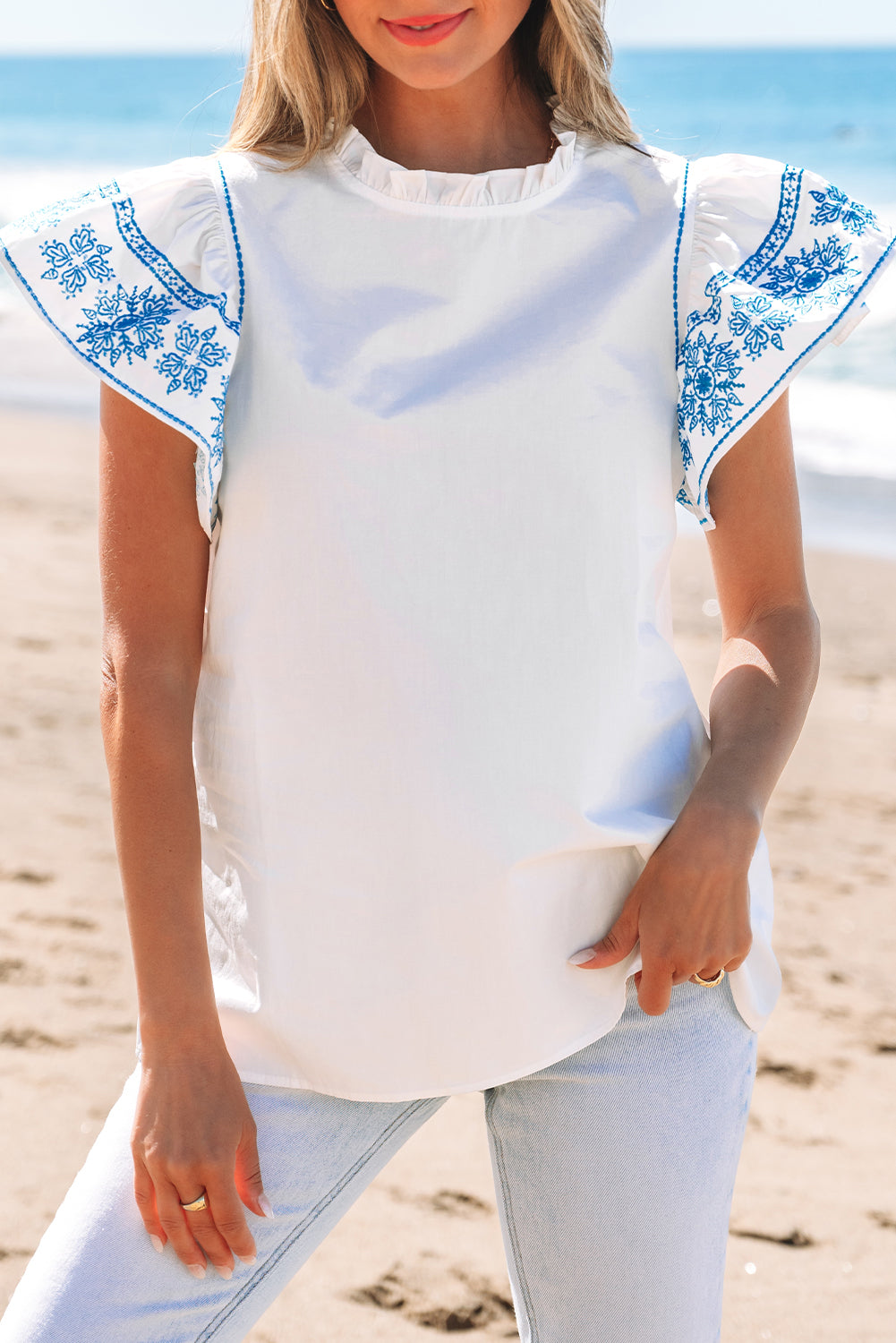 White Embroidered Ruffled Sleeve Frilled Collar Blouse eAura