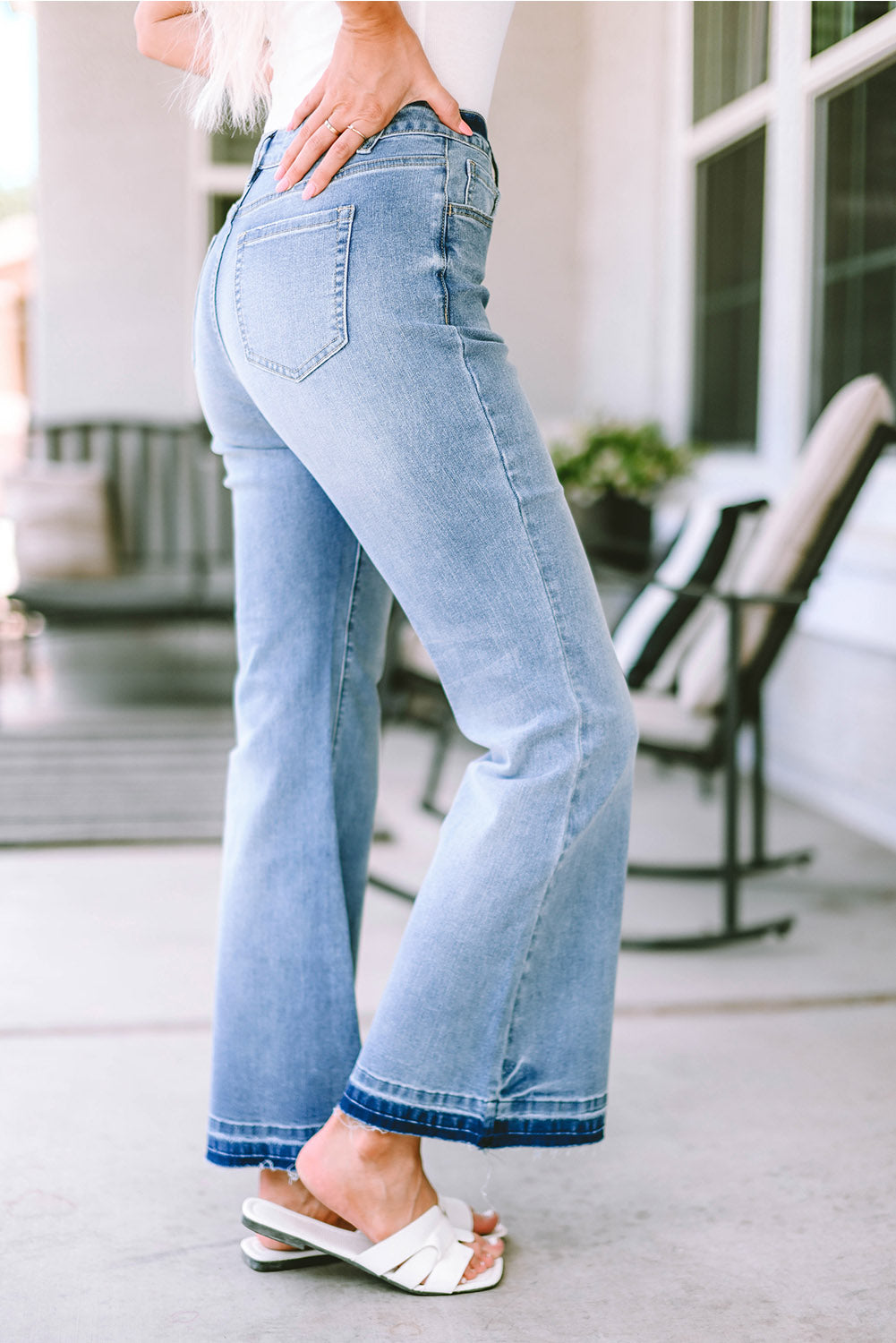 Sky Blue High Waist Buttoned Distressed Flared Jeans Beagle Boutique Fashion Outlet