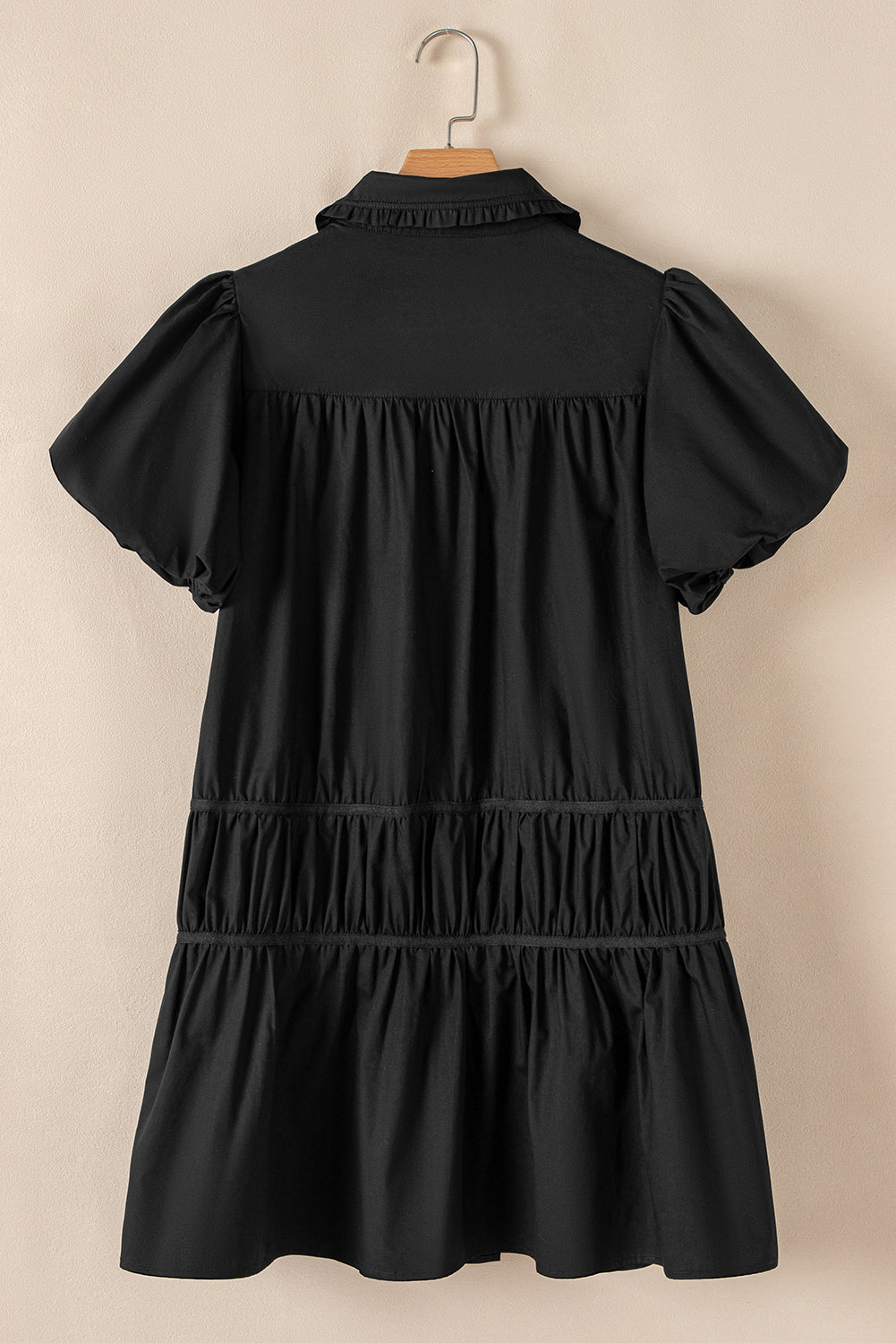 Black Shirt Style Button Down Puff Sleeve Ruffle Hem Dress eAura