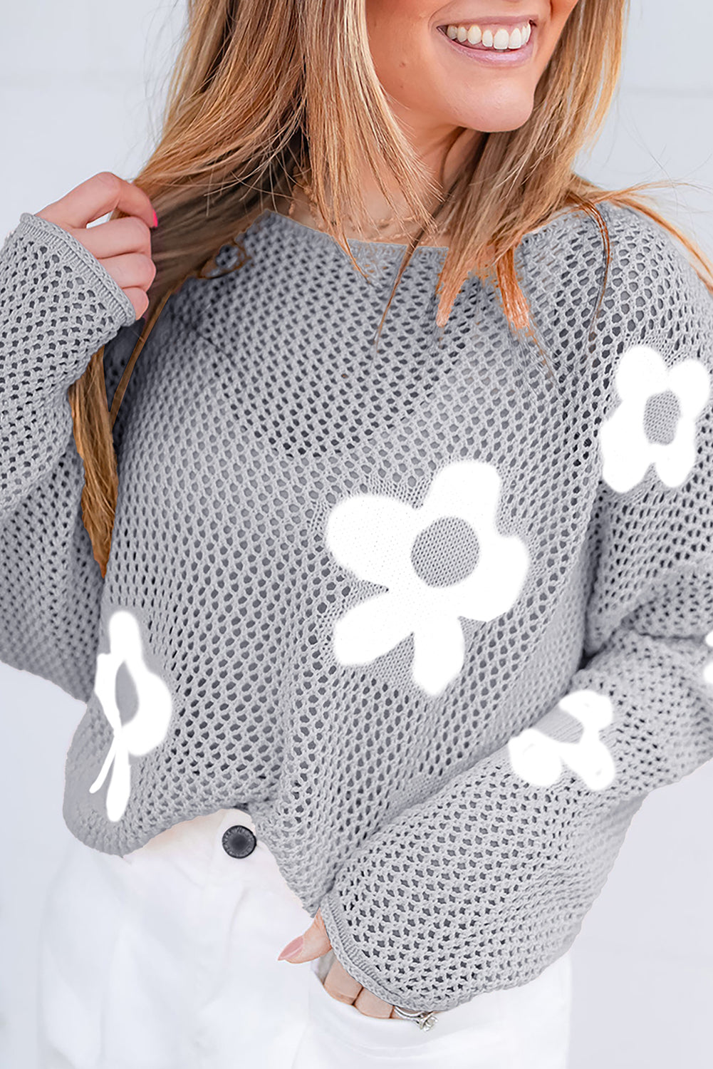 Light Pink Big Flower Hollowed Knit Drop Shoulder Sweater eAura