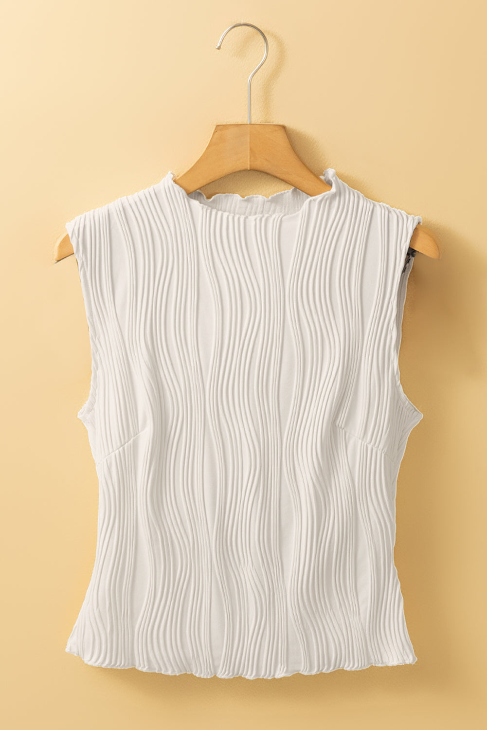 White Solid Colour Wavy Textured Round Neck Sleeveless Top - eAura