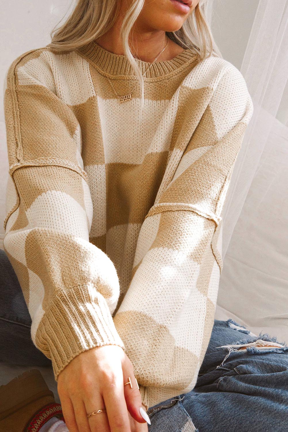 Orange Checkered Bishop Sleeve Sweater eAura