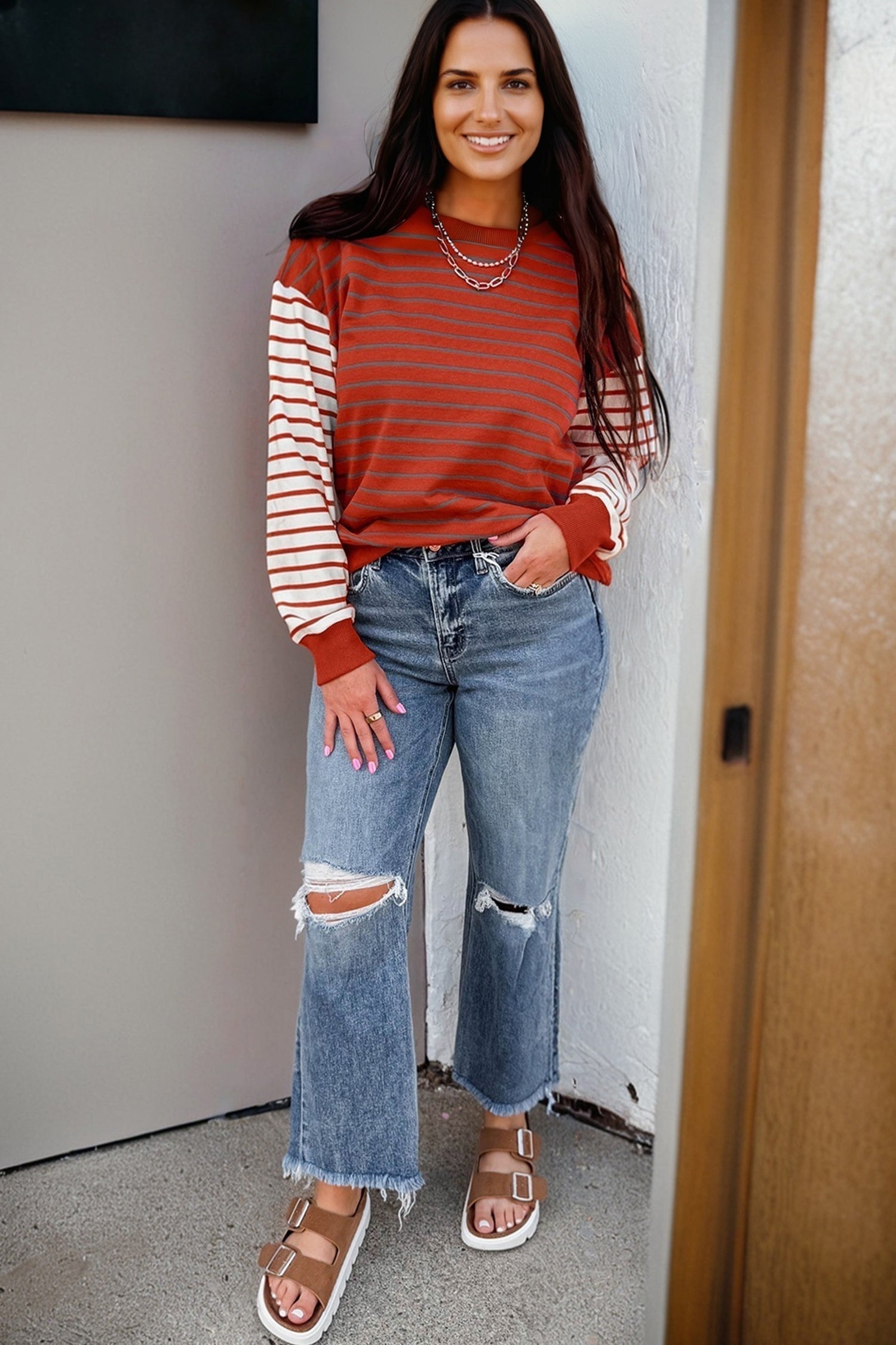Orange Stripe Contrast Sleeve Drop Shoulder Sweatshirt - eAura