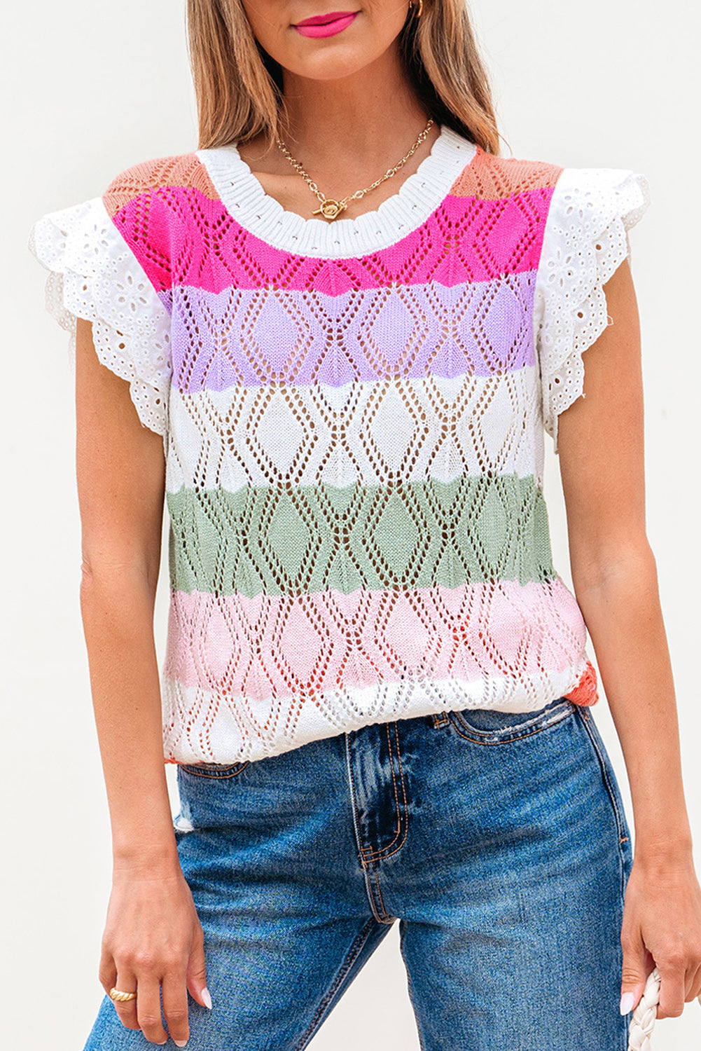 Rose Stripe Colourblock Hollowed Knit Scallop Edge Sweater Vest eAura